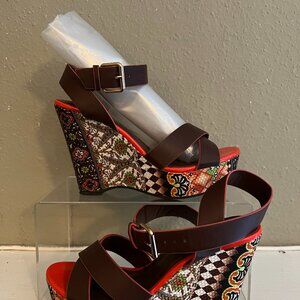 Bumper Ankle Strap Fabric Covered Peep Toe Wedge Heels
